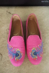 Stubbs & Wootton Pink Linen Peacock Feather Loafers Shoes 8 - Picture 1 of 4