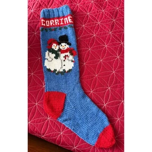 Medias de Navidad tejidas a mano CORRINE muñeco de nieve familia azul rojo - Imagen 1 de 3