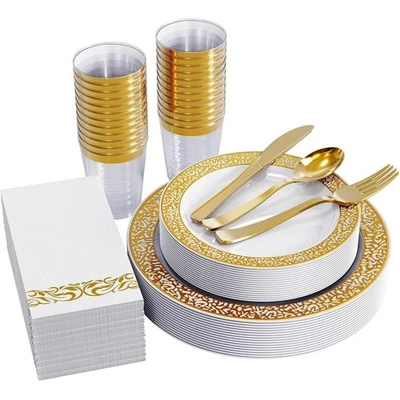 Juego de vajilla desechable de encaje dorado platos tenedores tazas servilletas fiesta eventos nuevo Foto 1 de 4