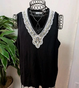 Laura Ashley Woman Plus Size 2X Black Sleeveless White Embroidered Sequin Top - Picture 1 of 4