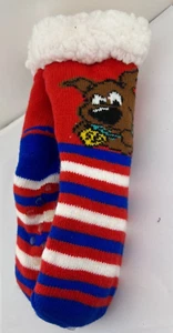 KIDS Sherpa Lined Non-Slip Red Blue Striped Slipper Socks One Sz w/ Brown Dog - Picture 1 of 4