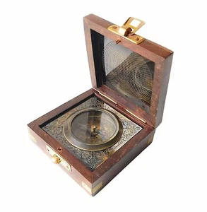 Nautical Antique Brass Wooden Box Compass Ship Marine Desk Top Compass - Picture 1 of 4