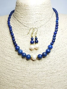 24K gold Cultured Freshwater Pearl Lapis Lasuli necklace earrings set 947H - Picture 1 of 12