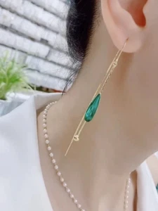 Emerald Green Teardrop Drop Earring Silver Gold Filled -Thread Tassel Earring - Picture 1 of 8