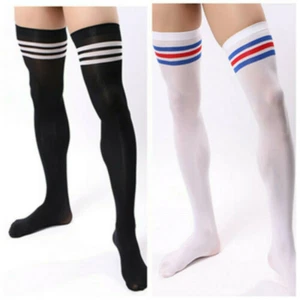 Calze alte uomo calcio coscia calze velluto sport righe calze lunghe 79 nuove - Foto 1 di 13