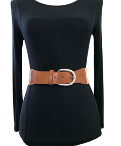 Women's Belt Beige Cognac Small-Medium Woven Cinch Stretch Wide Dress Casual