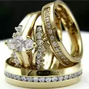 14K Yellow Gold Fn His Her Diamond Bridal Wedding Lab-Created Band Trio Set Ring - Picture 1 of 2