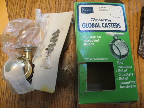 Vintage MCM New In Box Single Decorative Global Caster 2.5" Polished Brass Sears Cover