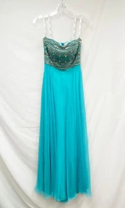 Women's Mon Cheri Paris Turquoise Flowy Chiffon Dress Beaded Prom Gown Size 8 - Picture 1 of 3