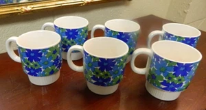 Retro Vintage MCM 60’s 70’s Daisy Floral Blue & Green Coffee Cup Mug Lot Of 6 - Picture 1 of 7
