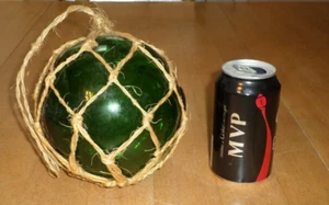 Green Hand Blown 6.5" Glass Float Ball Globe, Jute Twine Hanger, Vintage - Picture 1 of 5