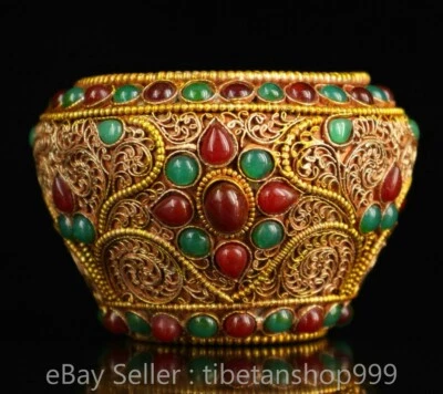 Vaso tanque de pedras preciosas com incrustação de ouro 24K prata chinesa antiga 3,2 pol. - Imagem 1 de 4