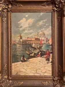 Pintura temprana de Venecia - Italia a bordo - Escena de góndola Canal Waterway, firmada - Imagen 1 de 21