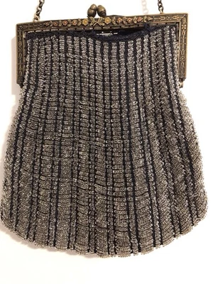 Antique 1920s Black w/Clear Glass Beaded Swag Purse Handbag Flapper Era - Image 1 of 4