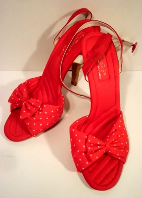 New Vtg 80s Candies Red Heels Polka Dot Bow Fabric Cork 7.5M Ankle Strap 4.5" - Image 1 of 4