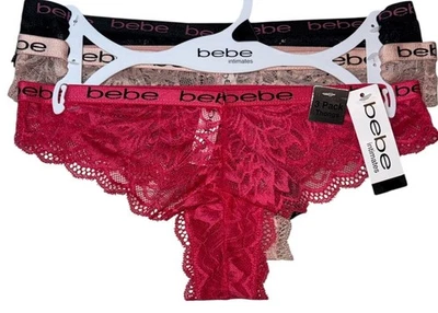 BEBE Mujer Paquete de 3 LOGO Cintura Encaje Tanga Panty Rojo Negro Beige Nylon Talla XL Foto 1 de 4