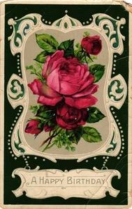 Postal de cumpleaños vintage de 1913 rosas rojas marco verde Missouri - Imagen 1 de 2