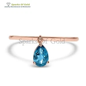 6x4mm Blautopas Charm dünner Bandring 14k Gelbgold feiner Schmuck Geschenk für sie - Bild 1 von 5