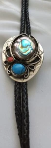 VTG. MEN'S BOLO TIE NECKLACE, TURQUOISE/CORAL M.P. ON PENDANT - Picture 1 of 4