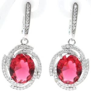 PENDIENTES PLATA CON PIEDRA TURMALINA ROSA Y,CIRCONIO,PARA LA FIESTAS,CUMPLEAÑOS - Imagen 1 de 2