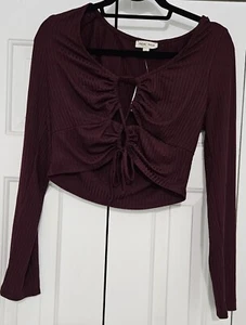 Moa Moa,  Burgundy, L/S tie front crop top,  Medium. NWT (37) - Picture 1 of 6