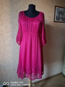 Traffic people dress silk long sleeves embroidery fuchsia color size S - Picture 1 of 9