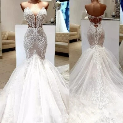 Sexy Mermaid Wedding Dresses Sweetheart Neck Backless Lace Applique Bridal Gowns - Image 1 of 4