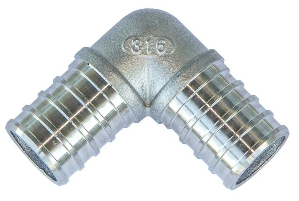3/4" Stainless Steel 90 Degree PEX Elbow Hose Barb Crimp Fitting SS 316 - Image 1 of 3