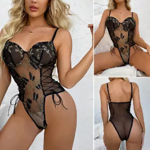 Black Women's Sexy Floral Lace Bodysuit Mesh Shapewear Skinny Top Bodysuit M - Picture 1 of 8