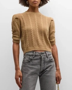 £350 FRAME Denim Pure Cashmere Pointelle Rushed Sleeves Sweater, Camel Beige Top - Picture 1 of 22