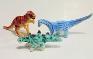 Rare Dinosaur Toy Figure 3 Vintage Flocked Tyrannosaurus T-Rex Stegosaurus - Picture 1 of 5