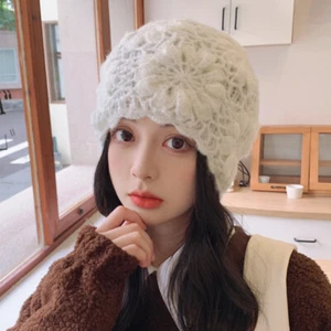 Lady Flower Knitted Beanie Hats Caps Hollow Out Ruffle Fluffy Warm Sweet Fashion - Picture 1 of 20