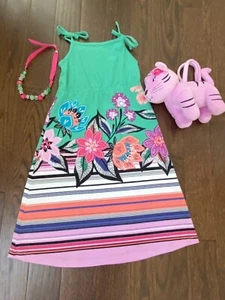 Gymboree Girls 4 Island Maxi Dress Pink Green Necklace Purse Jungle Brights - Picture 1 of 9