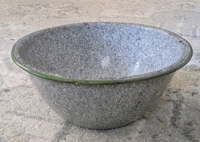 12" Gray Granite Ware Enamel Ware GREEN RIM Wash Bowl Basin Lip #2 - Image 1 of 4