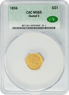 Dólar indio de oro de 1856 inclinado 5 MS65 CACG ~ CAC 950696-5 Foto 1 de 4