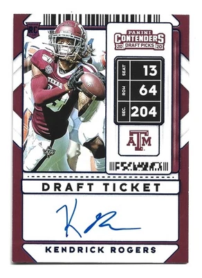 Kendrick Rogers AUTOGRAPH Blue Foil Texas A&M Aggies 2020 Panini Contenders AUTO - Image 1 of 2