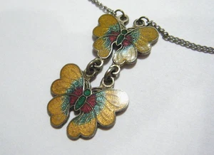 Vintage Art Nouveau Style Yellow Guilloche Enamels Double Butterfly Necklace - Picture 1 of 4