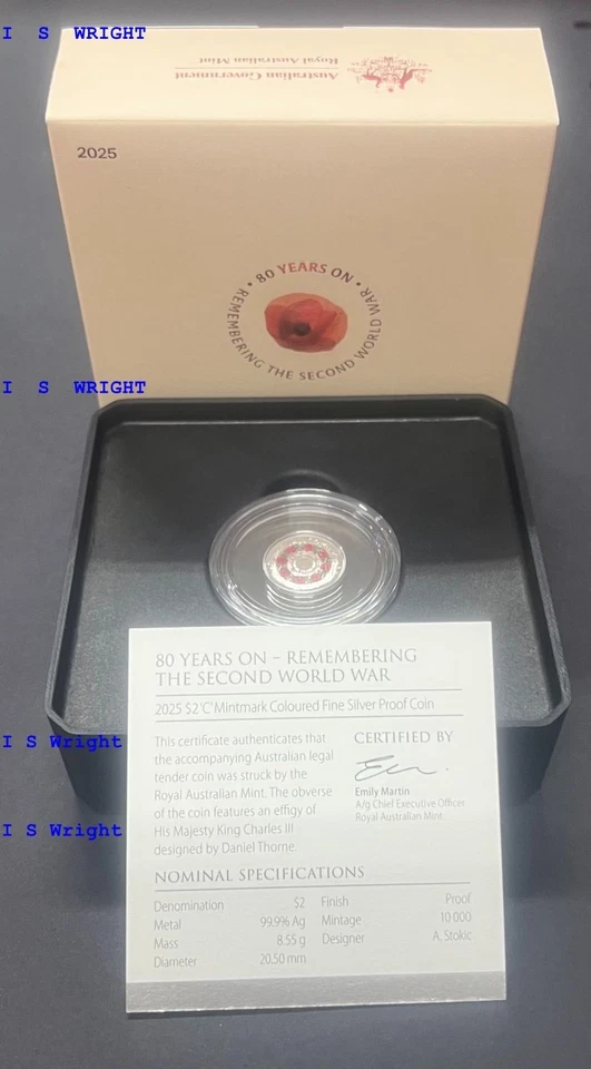 Australia: 2025 $2 Red Poppy Fine Silver Proof C Mintmark 80th Anniv of WWII  — 第 1/1 张图片