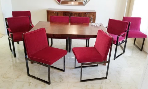 VERY RARE SET of 8 VINTAGE MILO BAUGHMAN / LANE GUN METAL FLAT BAR DINING CHAIRS Cover