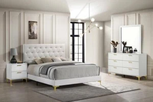 Kendall Modern Glam 4 PC Queen King Upholstered Panel Bedroom Set in White - Picture 1 of 23