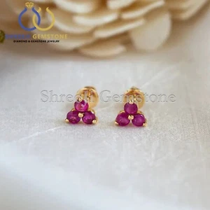 Genuine Ruby Clover Stud Earrings Solid 14k Yellow Gold Handmade Fine Jewelry - Picture 1 of 2