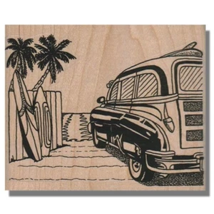 Wood Rubber Stamp, Beach Car Scene, Transportation,Ocean,Tropic,Palm,Summer,Surf - Picture 1 of 2