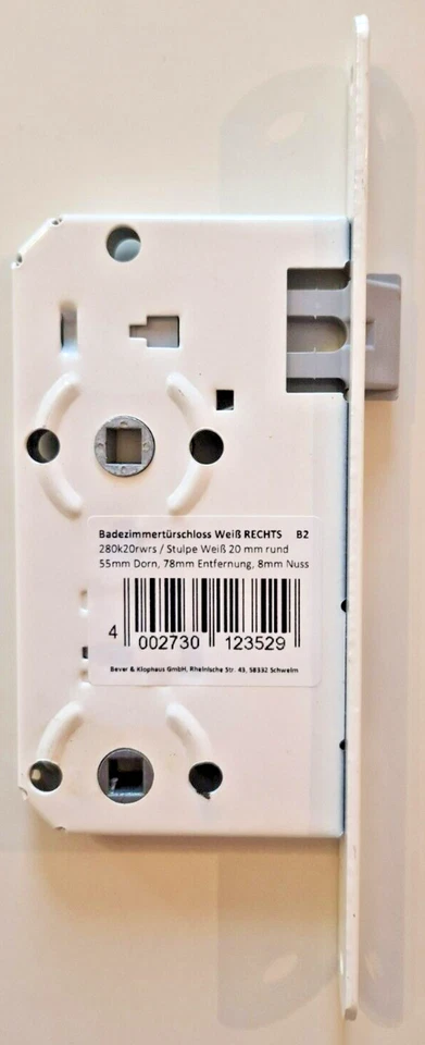 BEVER & KLOPHAUS Badezimmertürschloss weiß 55/78/8 Stulpe 20mm rund DIN RECHTS Einsteckschloss
