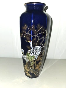 Porzellan Kobaltblau Achteck abgeschrägte Seiten Vase handbemalt Kraniche in Japan - 11" - Bild 1 von 7