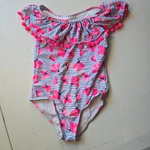Nicole Miller NY toddler 1 piece striped flower bathing suit w/ Pom Pom trim. 6T - Picture 1 of 8