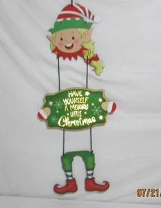 Enseigne de porte lumineuse suspendue Noël en bois décorations fille elfe fonctionne à piles - Photo 1/11