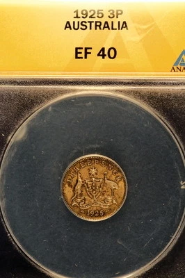 1925 ANACS XF40 Australia George V Silver Three Pence!! #E0834 - Image 1 of 2