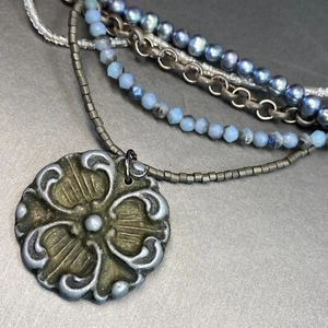 Vintage Necklace Labradorite Pearl Pewter Flower Estate Jewelry Pre-Owned - Picture 1 of 11