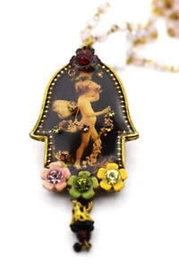 Michal Negrin Pendant Necklace, Hamsa Angel Flowers, Swarovski Crystals, NEW! - Picture 1 of 11