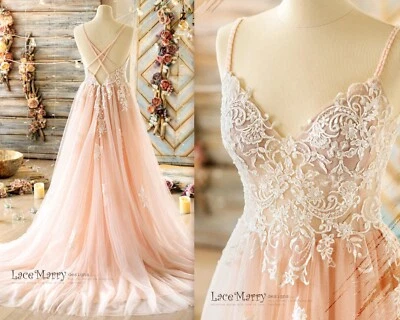Blush Wedding Dress Beading Glitter Skirt Bridal gown Croo Straps Deep Open Back - Image 1 of 4